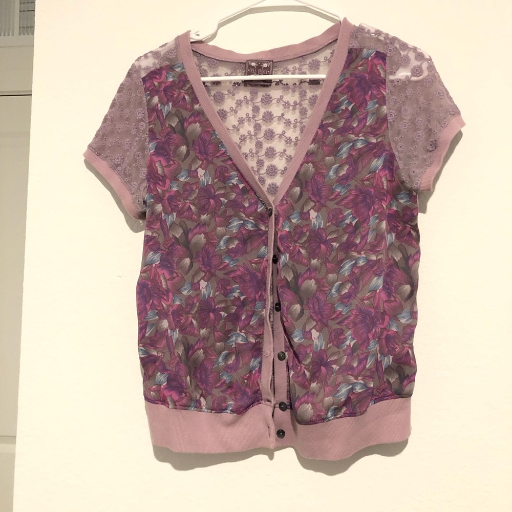 Free People Pink Embroidered Floral Lace Button-Front Top